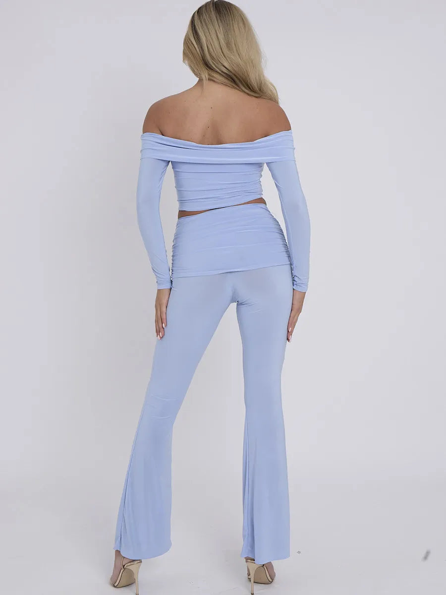 Baby Blue Slinky Off Shoulder Crop Top & Fold Over Flares Trousers Co-ord Set