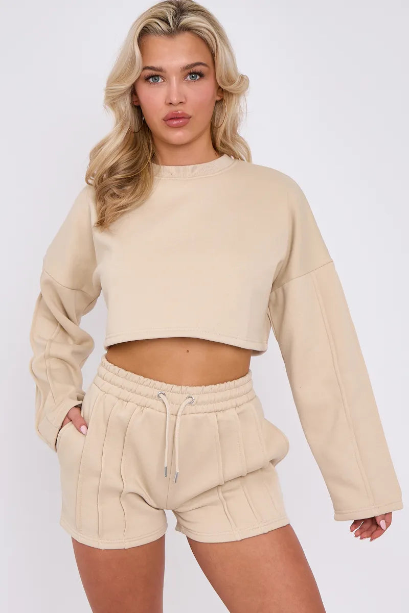 Beige Seam Detail Oversized Crop Jumper & Shorts Loungewear Co-ord