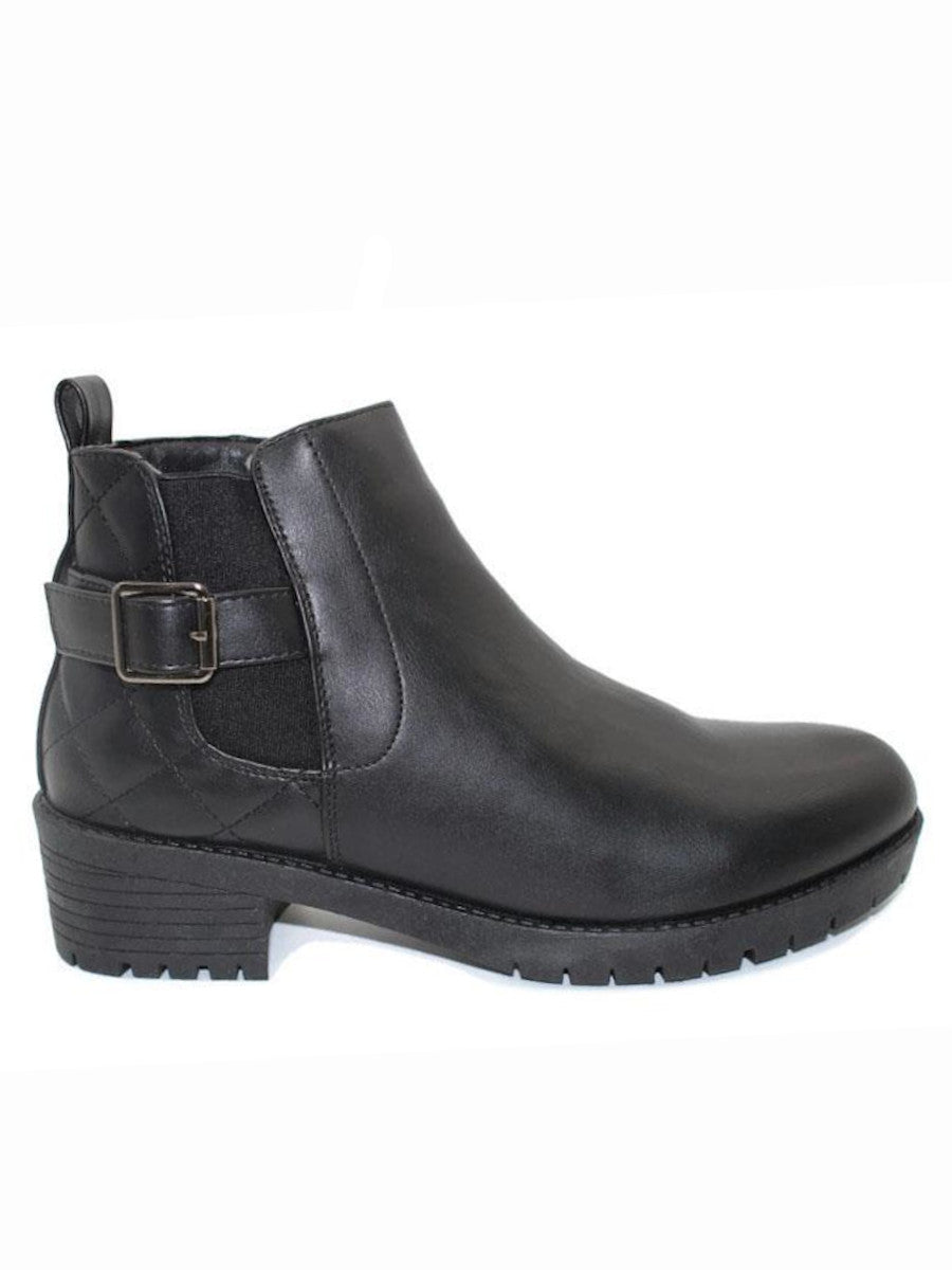Black Buckle Quilted Chelsea Flat Heel Ankle Boots