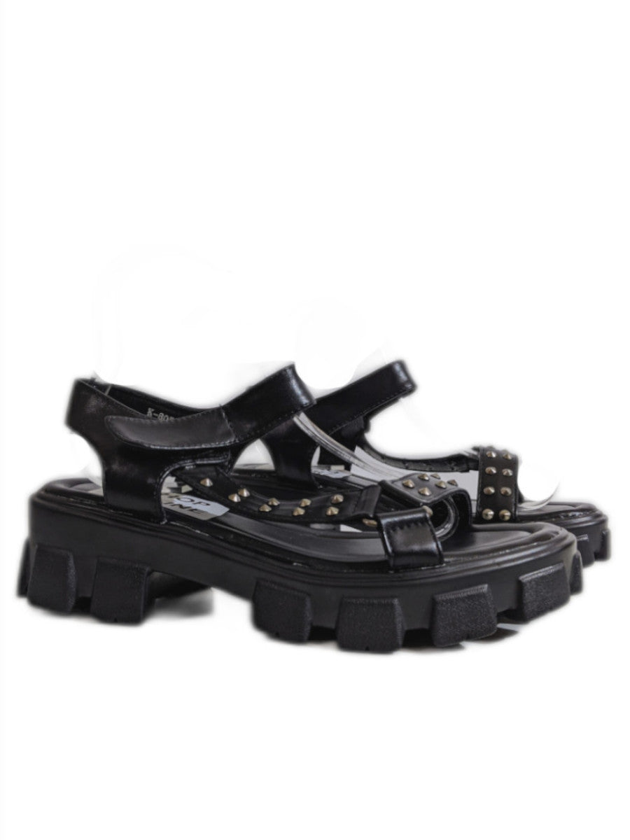 Black Chunky Platform Track Sole Studded Sandals