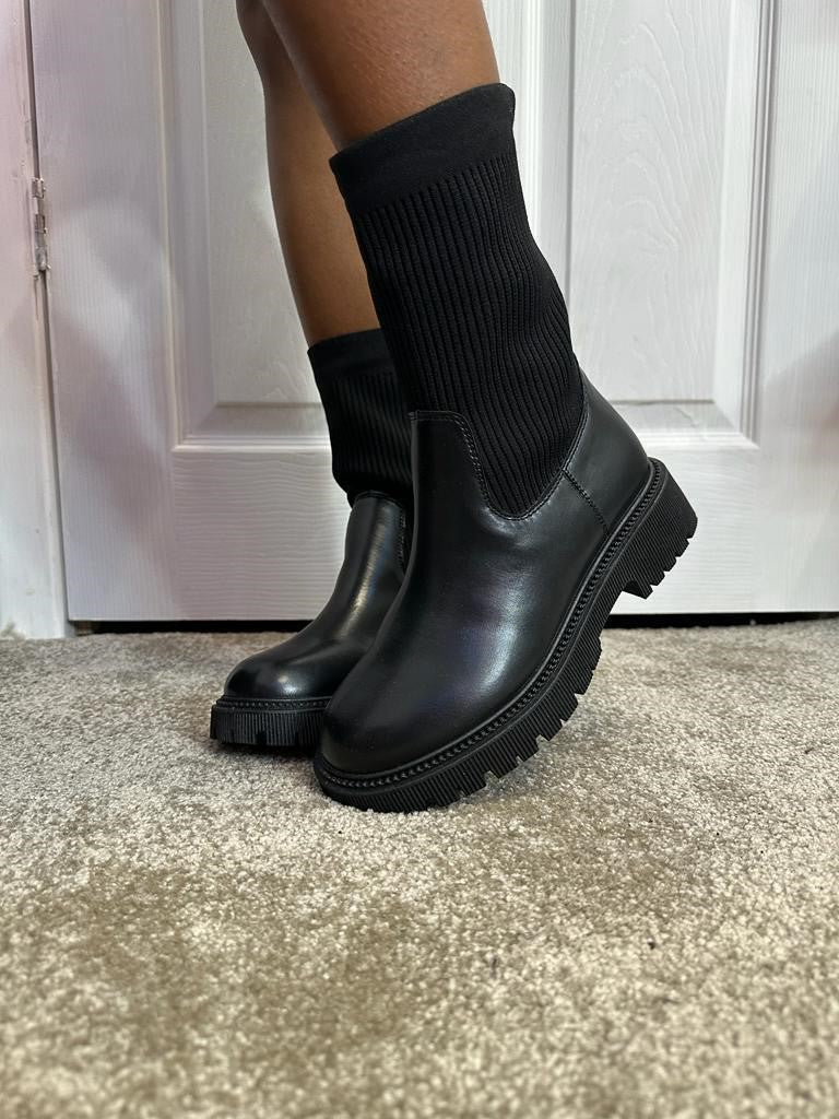 Black Chunky Sock Knit Ankle Boots