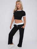 Black Contrast Trim Ribbed Crop Top & Wide Leg Trousers Loungewear Co-ord Set