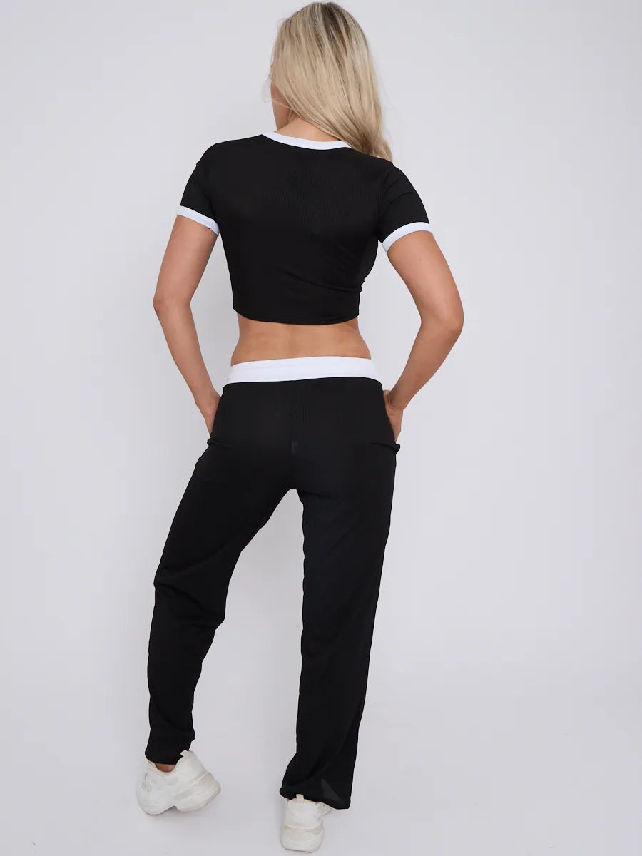 Black Contrast Trim Ribbed Crop Top & Wide Leg Trousers Loungewear Co-ord Set