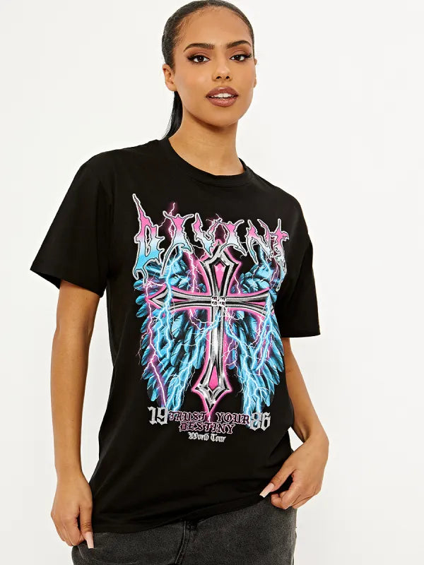 Black Divine Cross Graphic Printed T-Shirt