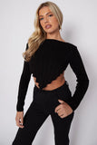 Black Long Sleeves Asymmetric Dip Hem Ribbed Knit Crop Top