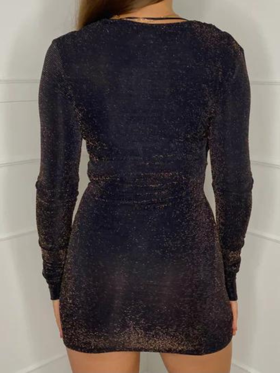 Black Gold Lurex Draped Cowl Neck Long Sleeves Bodycon Mini Dress
