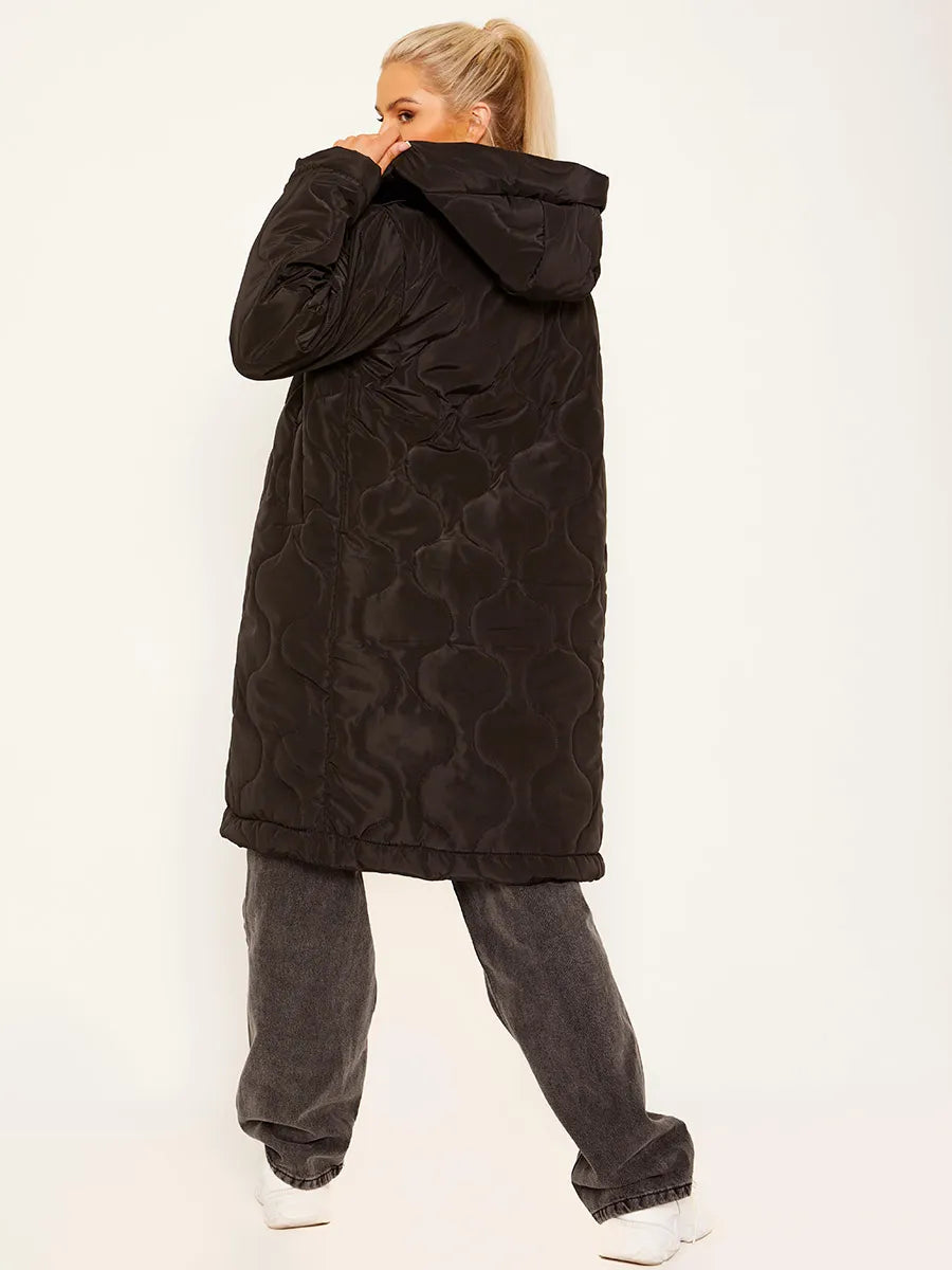 Black Onion Quilted Long Sleeves Longline Hooded Coat