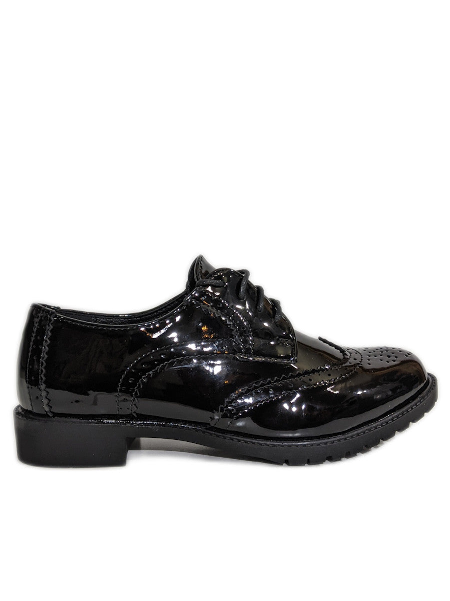 Black Patent Brogue Lace Up Flat Shoes