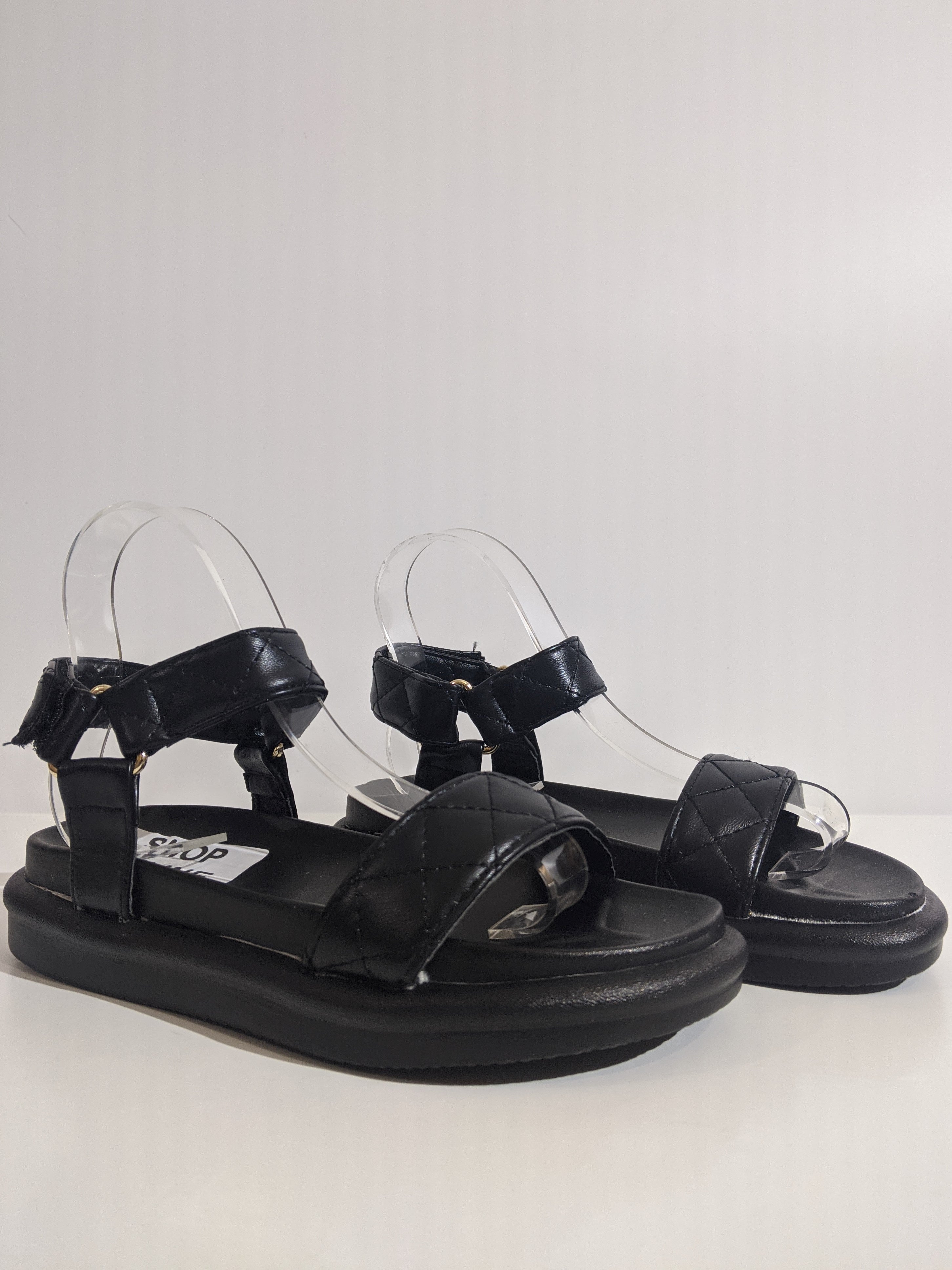 Black Quilted Velcro Strap Chunky Platform Sandal