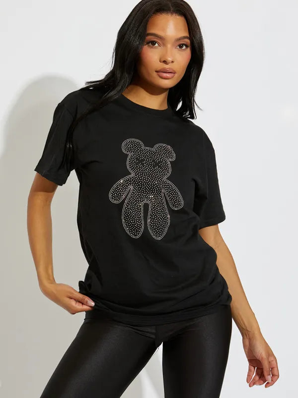 Black Rhinestone Teddy Bear T-Shirt