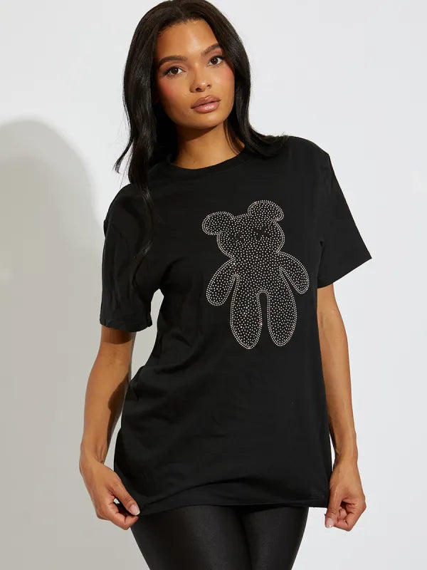 Black Rhinestone Teddy Bear T-Shirt