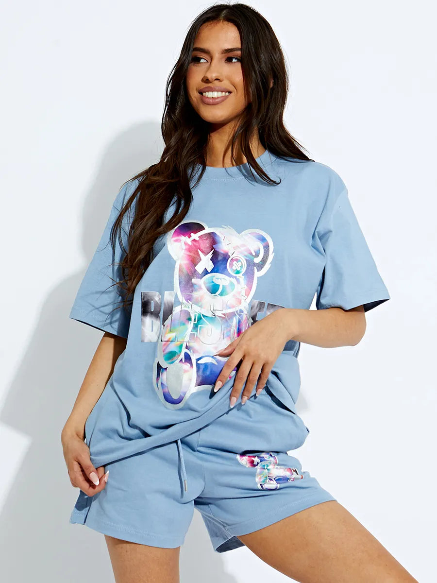 Blue Blessed Teddy Bear Oversized T-Shirt & Shorts Co-ord