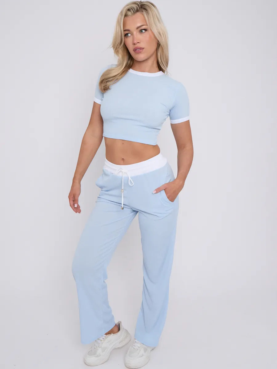 Blue Contrast Trim Ribbed Crop Top & Wide Leg Trousers Loungewear Co-ord Set