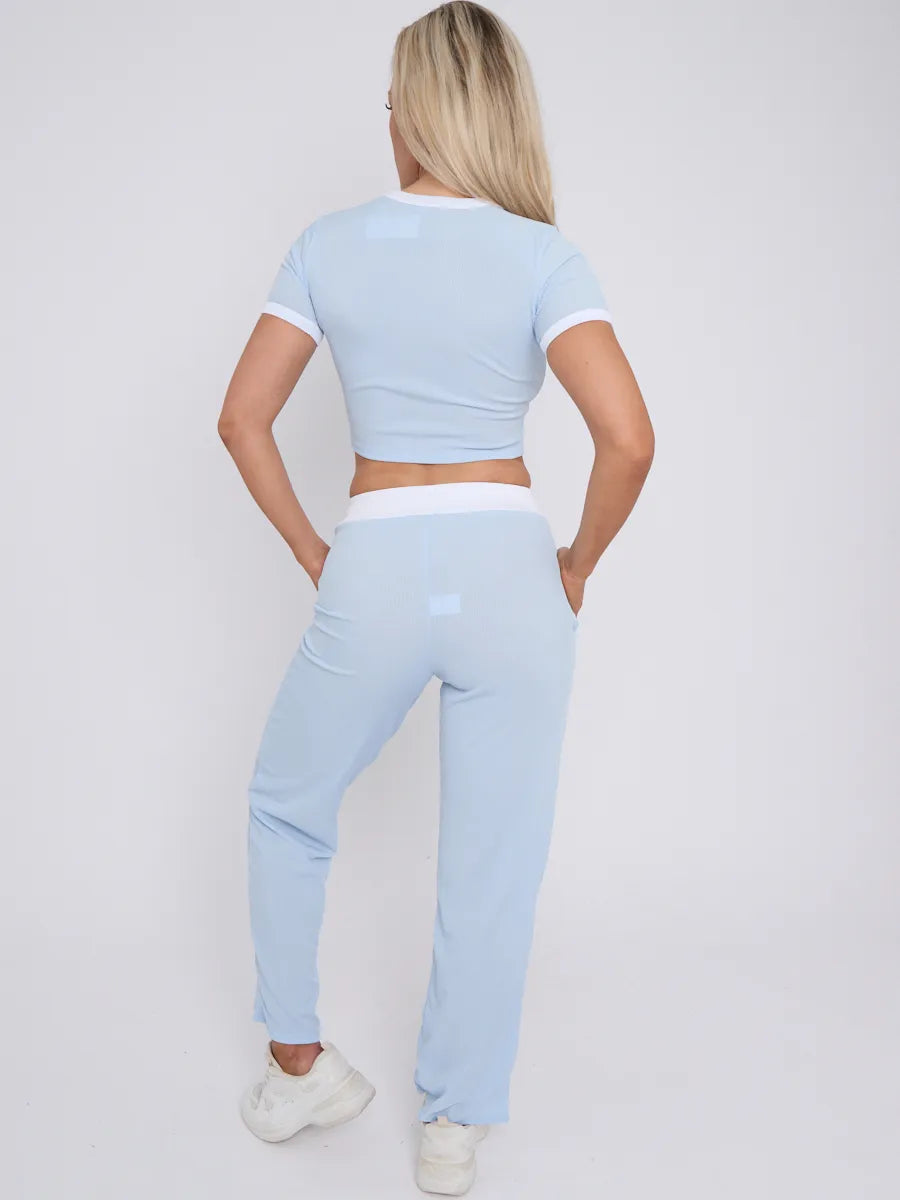 Blue Contrast Trim Ribbed Crop Top & Wide Leg Trousers Loungewear Co-ord Set