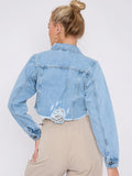 Blue Denim Distressed Cropped Jacket With Pockets