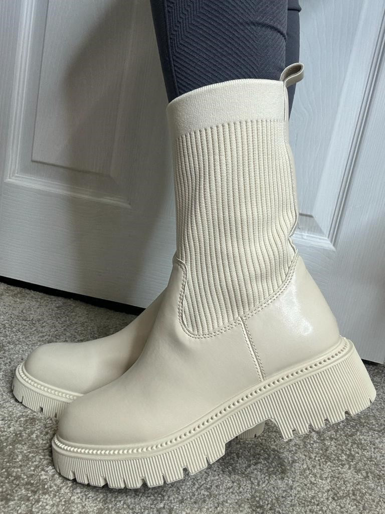 Cream Chunky Sock Knit Ankle Boots