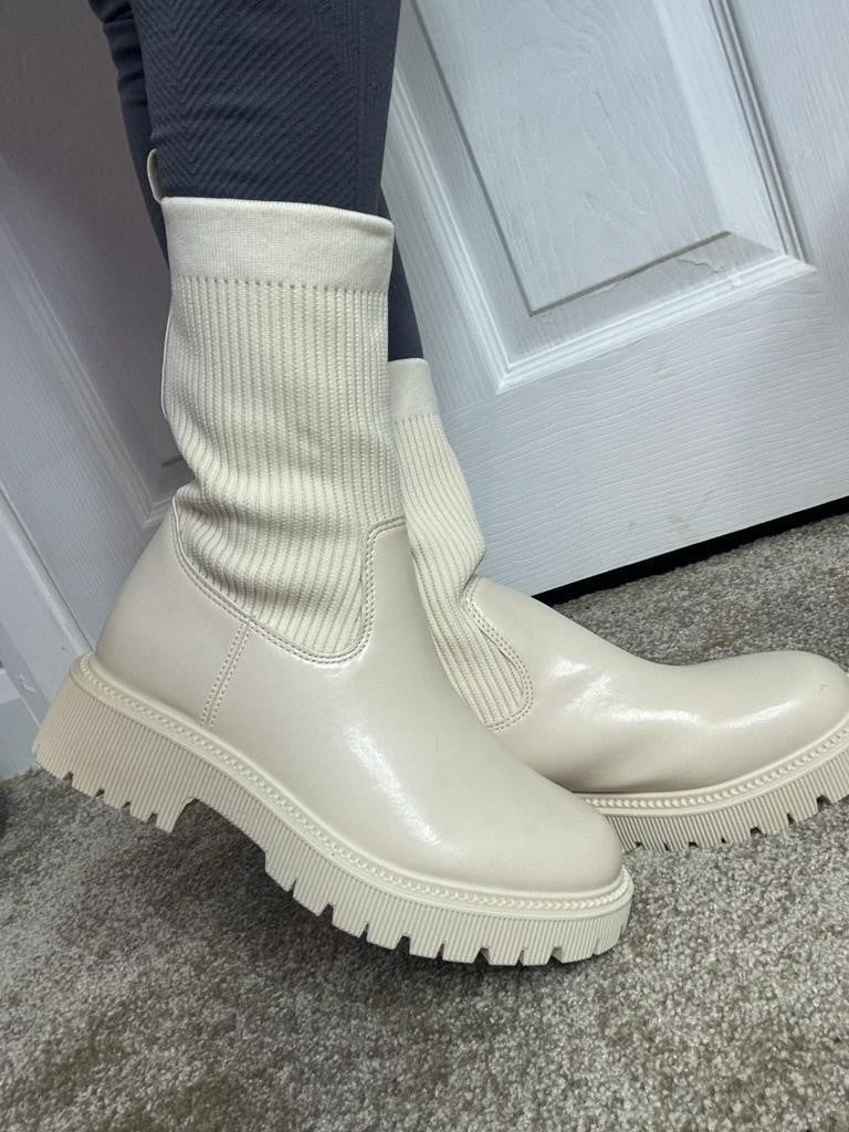 Cream Chunky Sock Knit Ankle Boots
