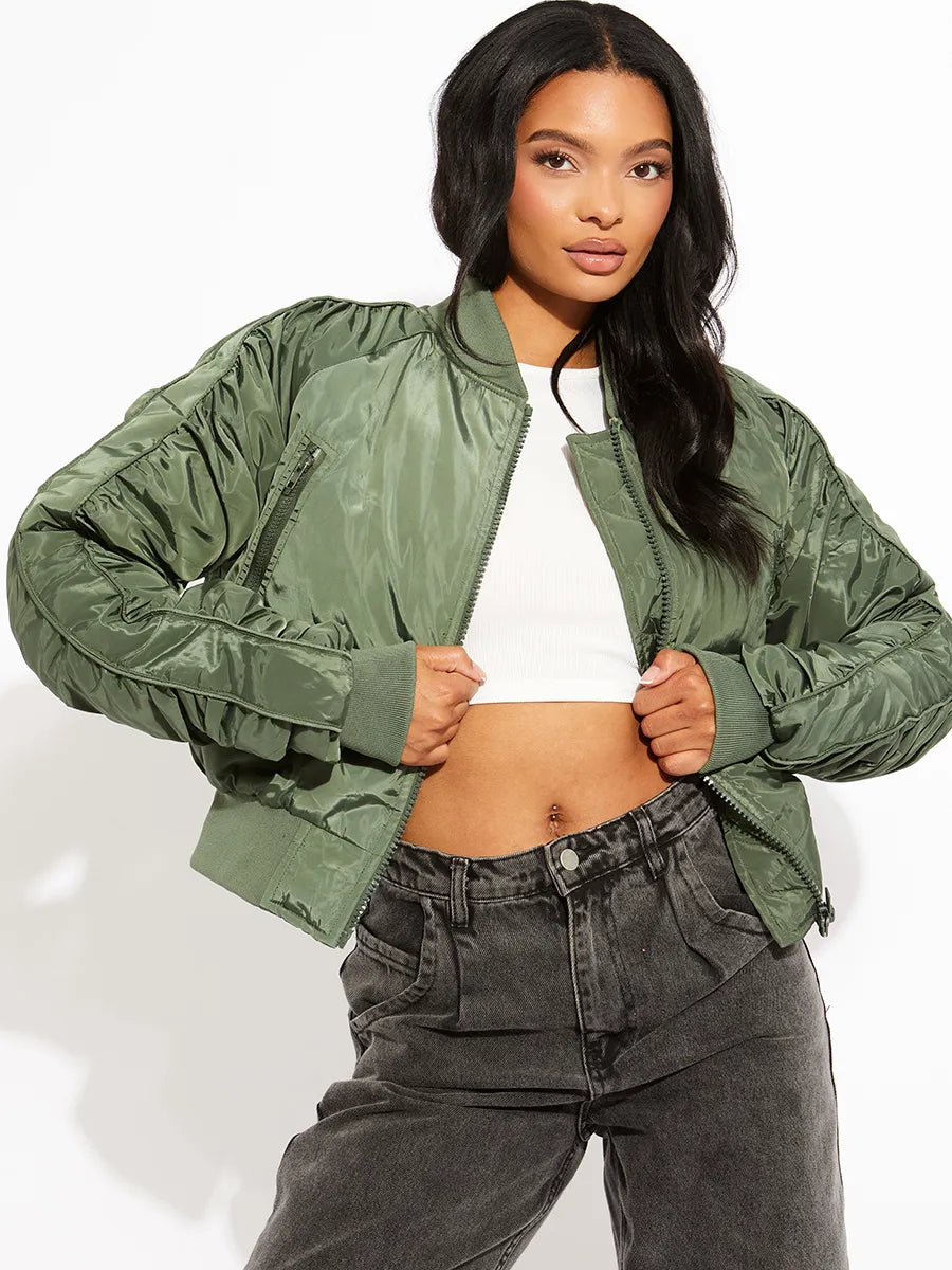 Green Ruched Sleeves Zipped Bomber Jacket