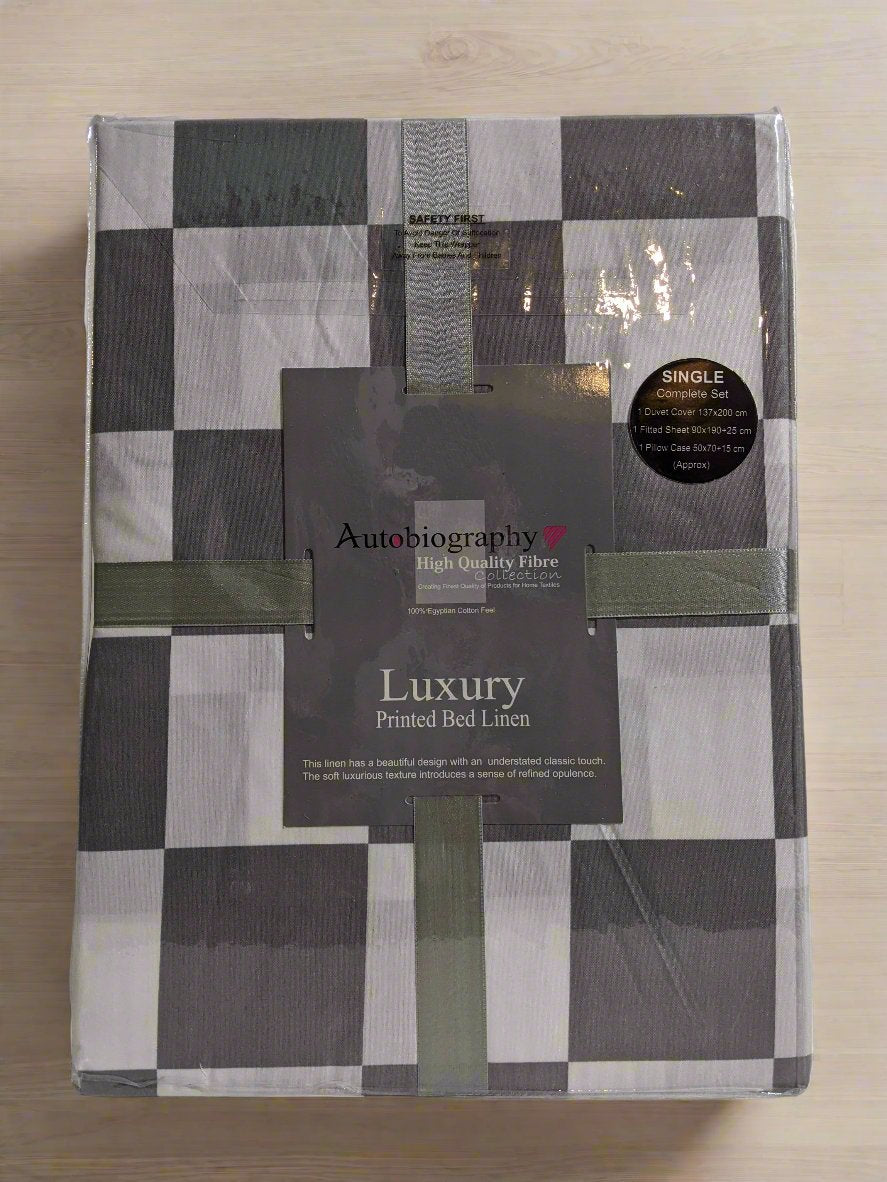 Grey Checked Luxury Microfibre Single Complete Duvet Cover Set