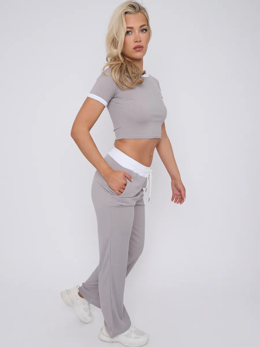 Grey Contrast Trim Ribbed Crop Top & Wide Leg Trousers Loungewear Co-ord Set 