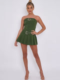 Khaki Green Bandeau Buckle Detail Pleated Mini Skort Dress