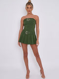 Khaki Green Bandeau Buckle Detail Pleated Mini Skort Dress