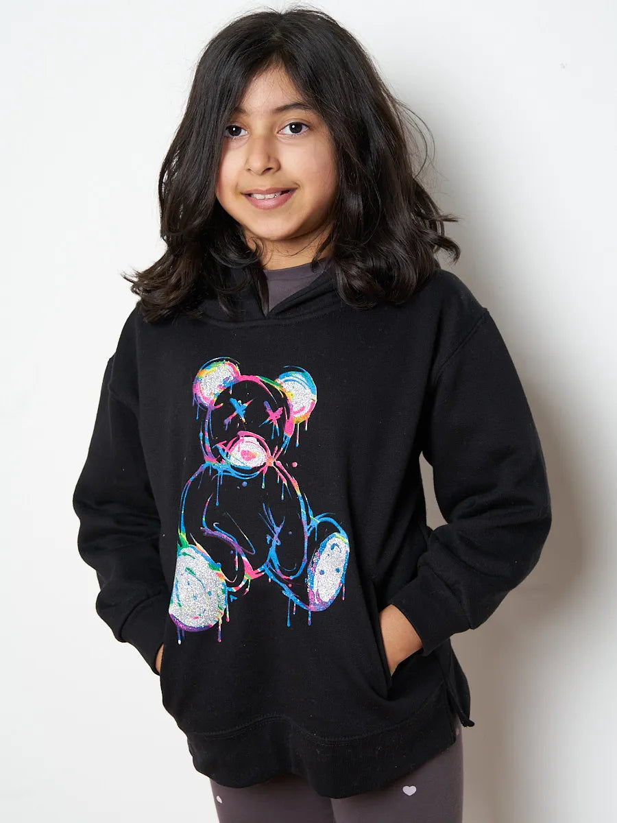 Kids Cute Black Teddy Bear Graphic Print Fleeced Hoodie