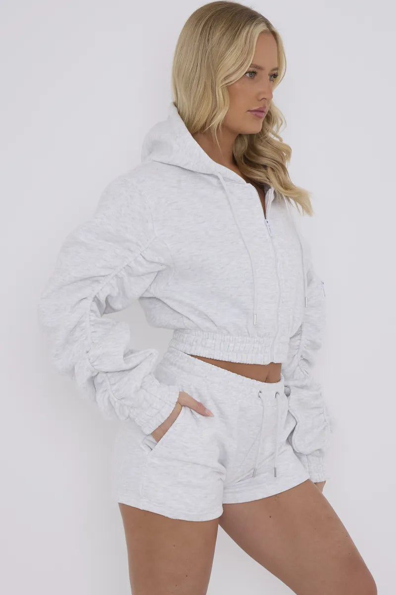 Light Grey Cropped Ruched Sleeve Hoodie & Shorts Loungewear Co-ord