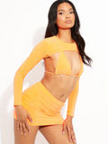 Neon Orange 3 Piece Bikini Top & Mini Skirt Slinky Co-ord Set