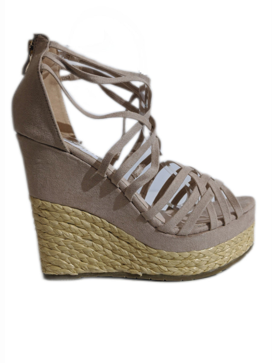 Nude Pink Strappy Espadrille Wedge Sandals