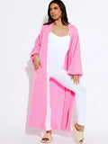 Pink Balloon Sleeves Knitted Longline Open Cardigan