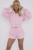 Pink Cropped Ruched Sleeve Hoodie & Shorts Loungewear Co-ord