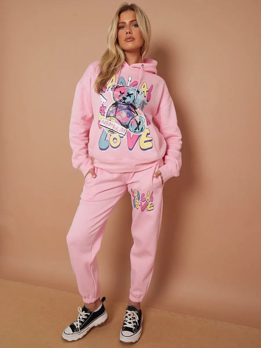 Pink Teddy Bear Oversized Hoodie & Jogger Graphic Loungewear Co-ord
