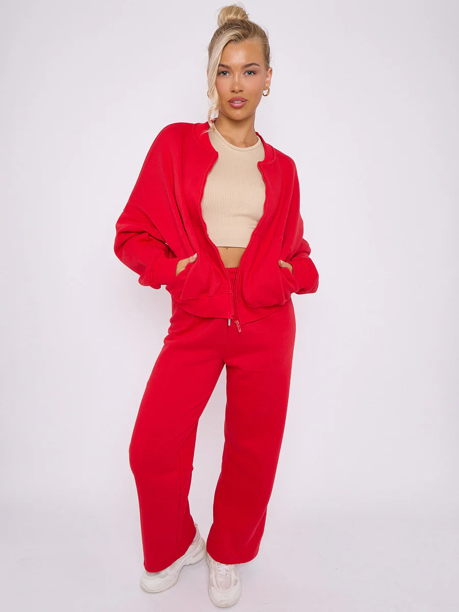 Red Bomber Style Jacket & Wide Leg Bottoms Co-ord Loungewear Set