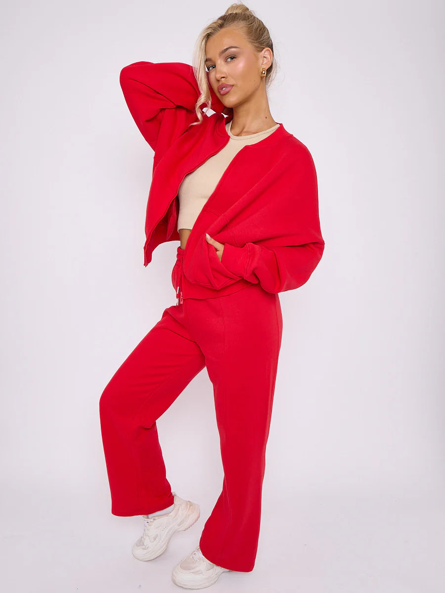 Red Bomber Style Jacket & Wide Leg Bottoms Co-ord Loungewear Set