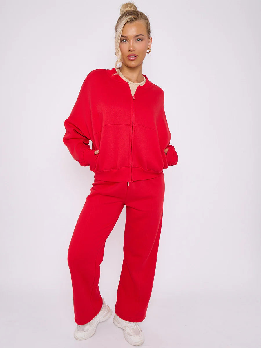 Red Bomber Style Jacket & Wide Leg Bottoms Co-ord Loungewear Set