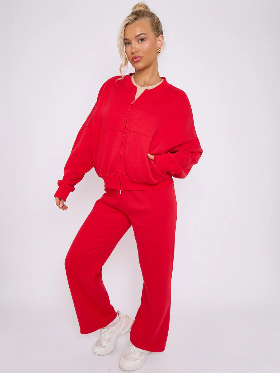 Red Bomber Style Jacket & Wide Leg Bottoms Co-ord Loungewear Set