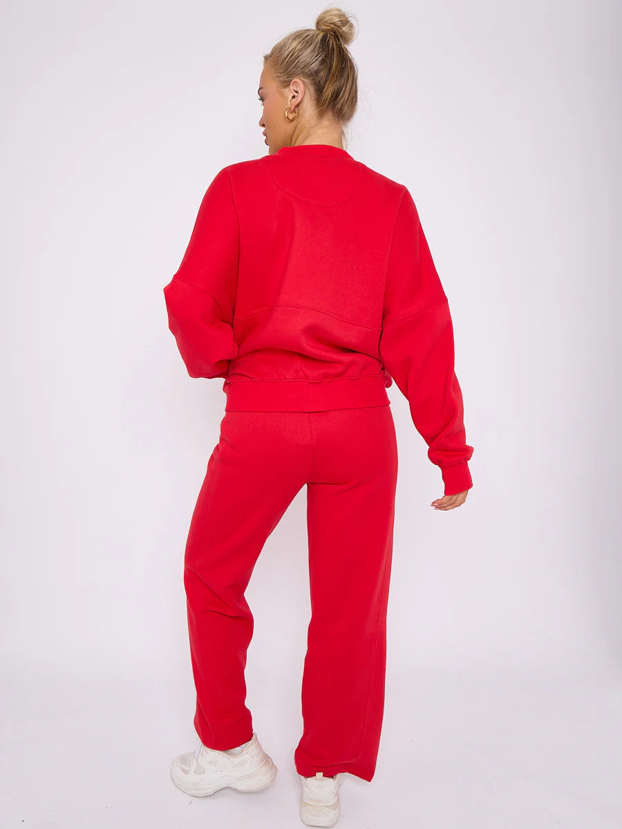 Red Bomber Style Jacket & Wide Leg Bottoms Co-ord Loungewear Set