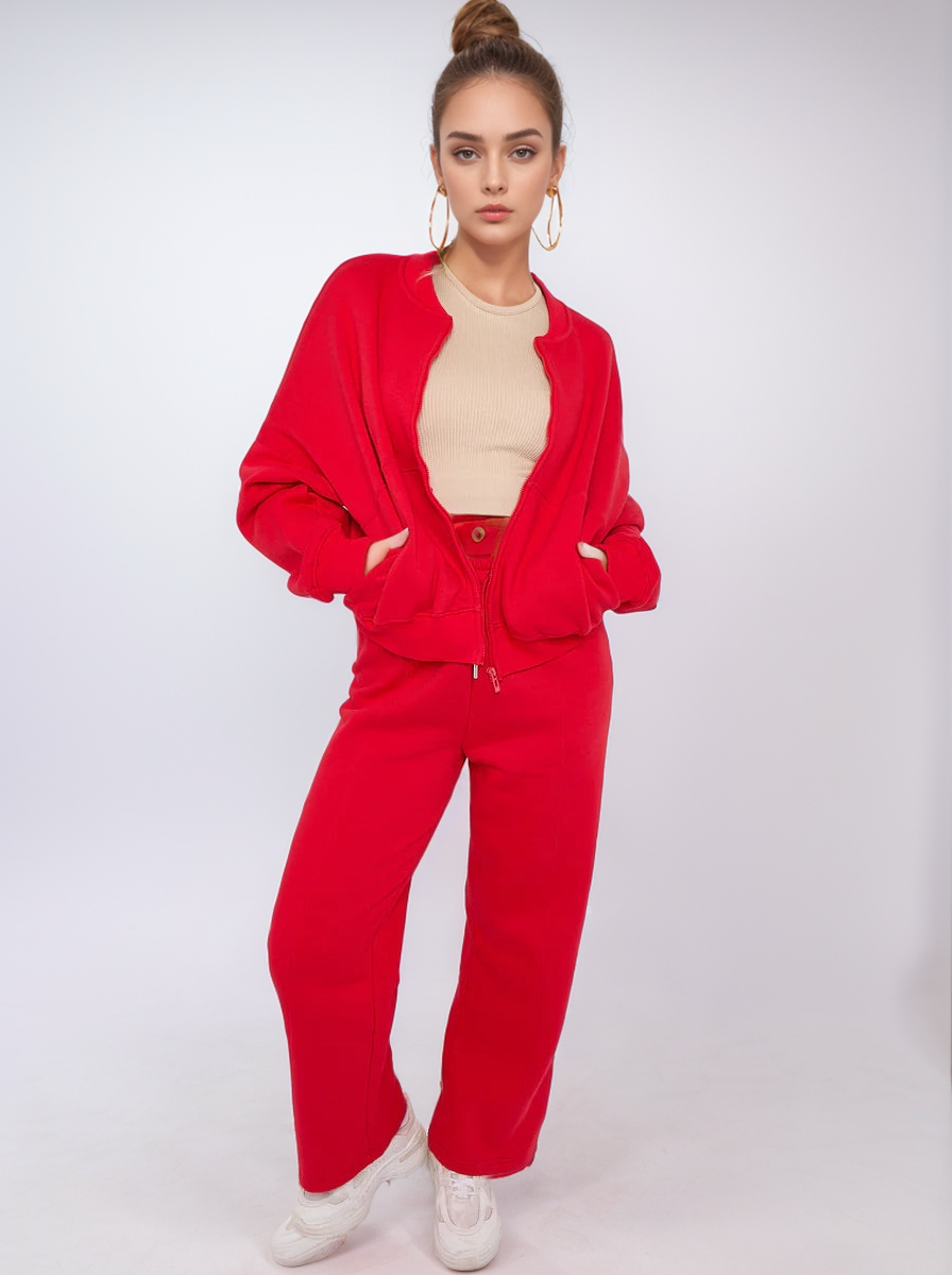 Red Bomber Style Jacket & Wide Leg Bottoms Co-ord Loungewear Set