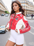 Red Colour Block Racing Badge Vintage Leather Biker Cropped Jacket