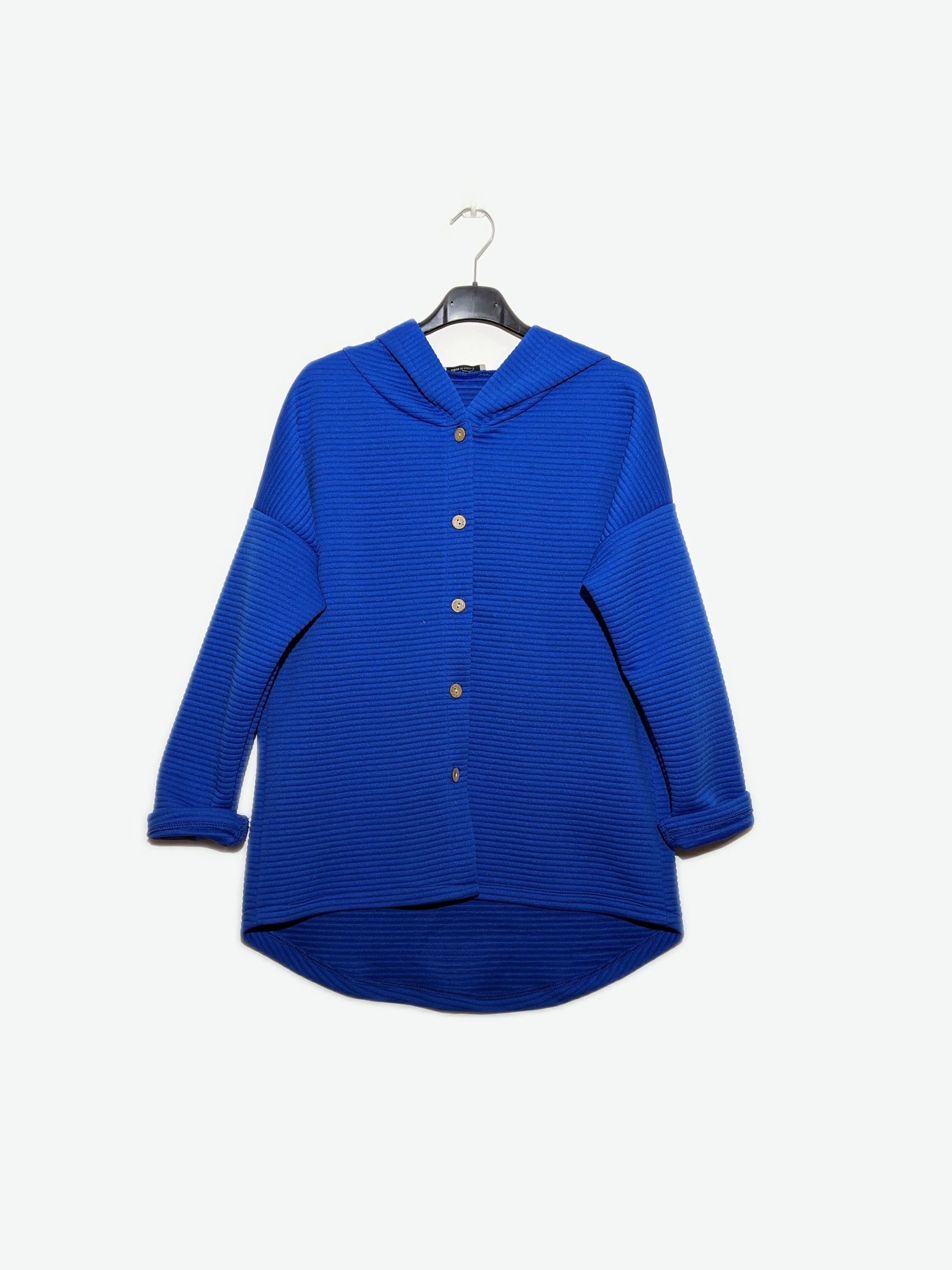 Royal Blue Ribbed Lightweight Button Hooded Jacket