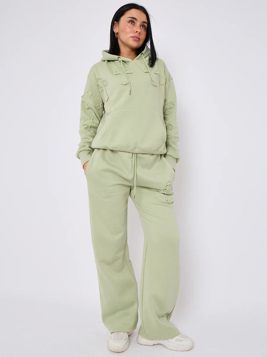 Sage Green Front & Back Cross Embroidered Hooded Fleece Loungewear Co-ord Set