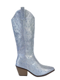 Silver Diamante Embellished Studded Glitter Knee High Western Style Cowboy Boots