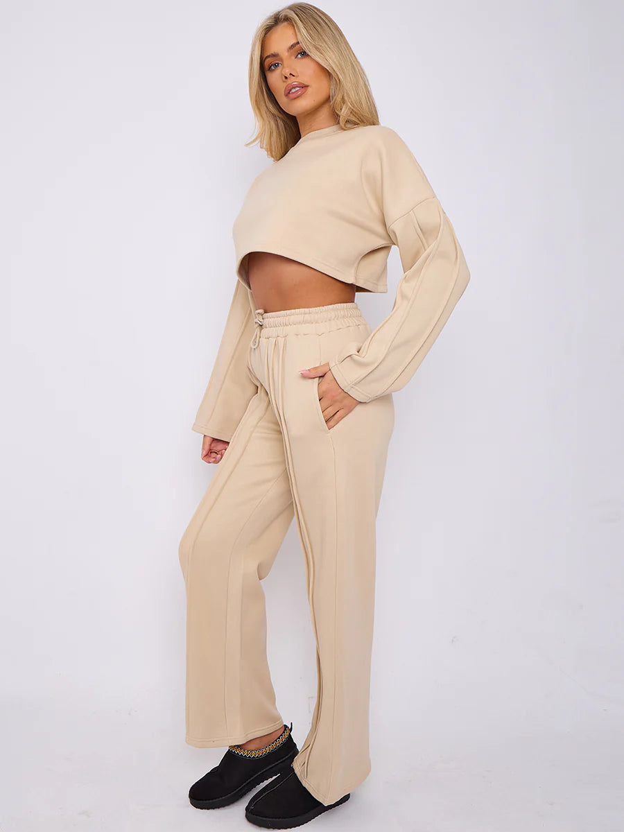 Stone Seam Detail Oversized Crop Top & Joggers Fleece Co-ord