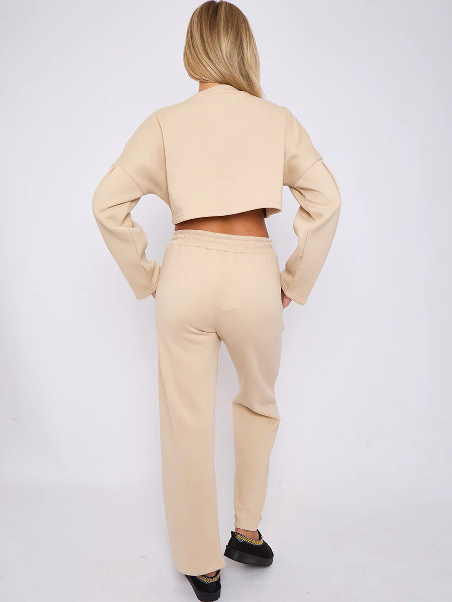 Stone Seam Detail Oversized Crop Top & Joggers Fleece Co-ord