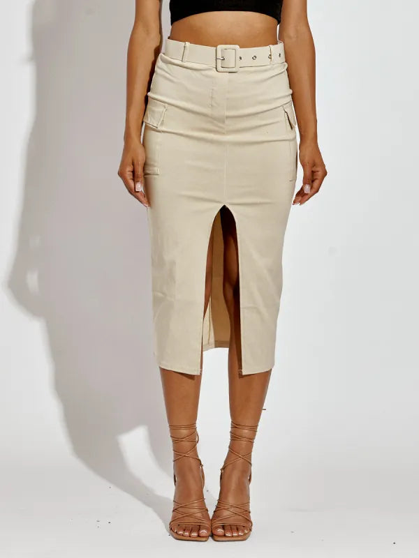 Stone Slit Cargo Style Midi Skirt With Matching Belt