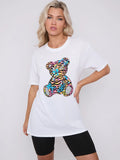 White Animal Print Teddy Graphic Printed T-Shirt