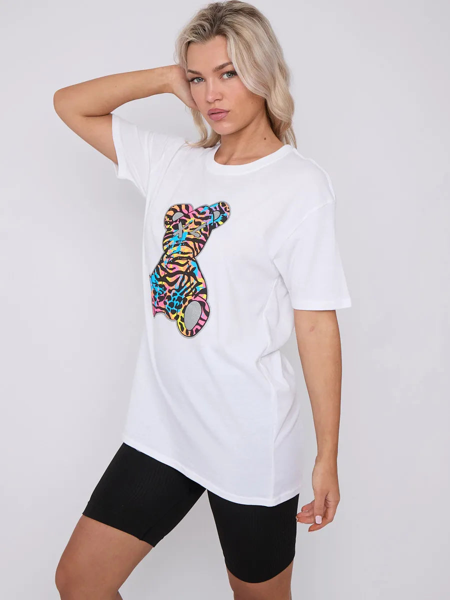 White Animal Print Teddy Graphic Printed T-Shirt