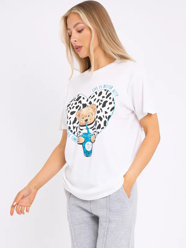 White Bubble Tea Teddy Bear Graphic Printed T-Shirts