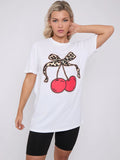 White Leopard Print Bow Cherry Graphic Printed T-Shirt